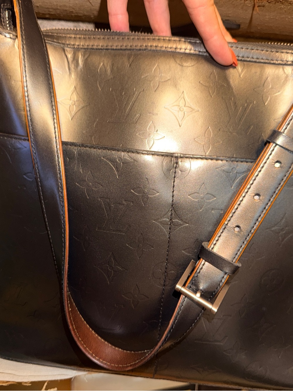 Louis Vuitton Sutter Monogram Embossed Shoulder Bag in Black w Brown Strap - Picture 4 of 12